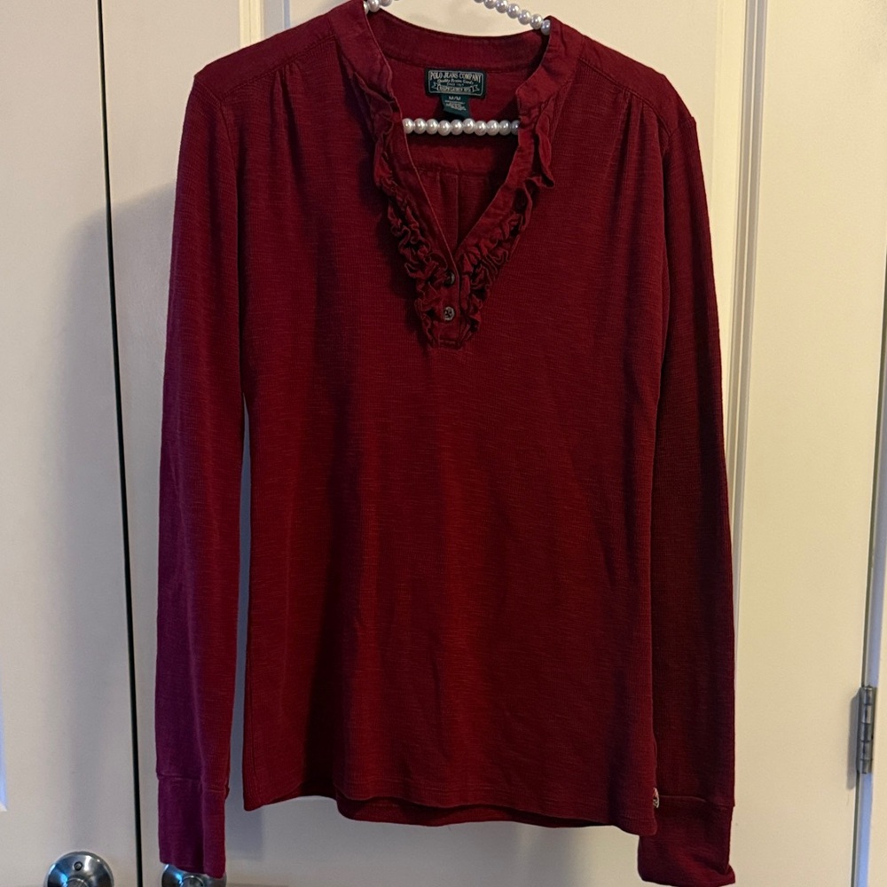 GUC Polo Jeans Company Burgundy Deep Red Ruffled Women's Henley Shirt Size M